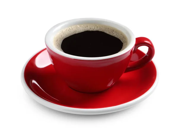 Rode Beker Met Aromatische Koffie Geïsoleerd Wit — Stockfoto