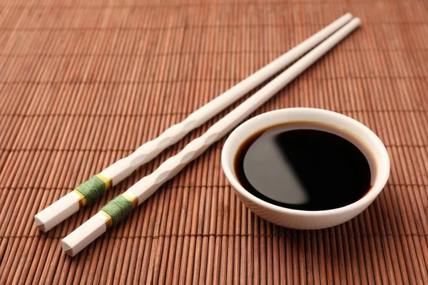 Bowl Soy Sauce Chopsticks Bamboo Mat — Fotografia de Stock