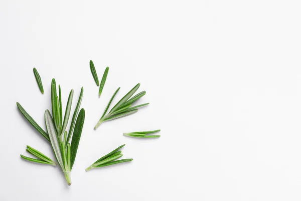 Sprigs Fresh Rosemary White Background Flat Lay Space Text — Stock Photo, Image