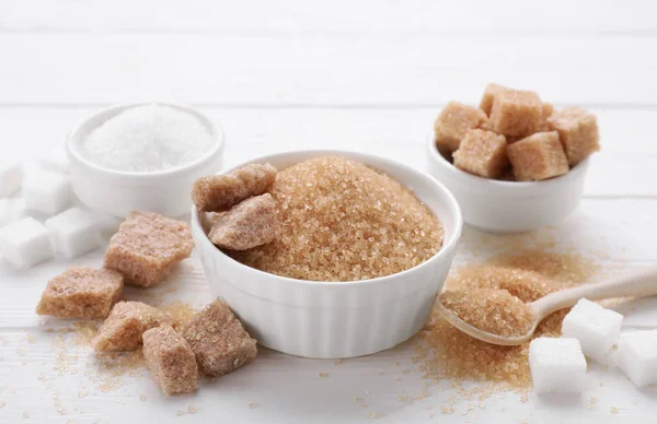 Diferentes Tipos Açúcar Mesa Madeira Branca — Fotografia de Stock