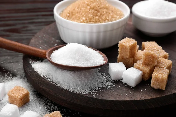 Different Types Sugar Wooden Table Closeup — Stock Photo, Image