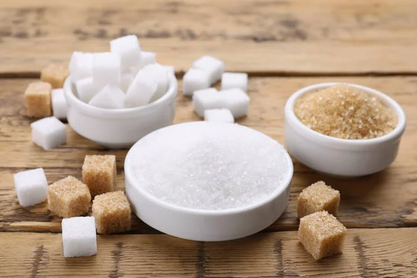 Diversi Tipi Zucchero Sul Tavolo Legno — Foto Stock