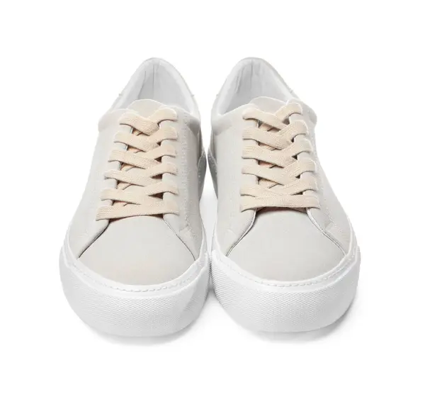Coppia Eleganti Sneakers Beige Isolate Bianco — Foto Stock