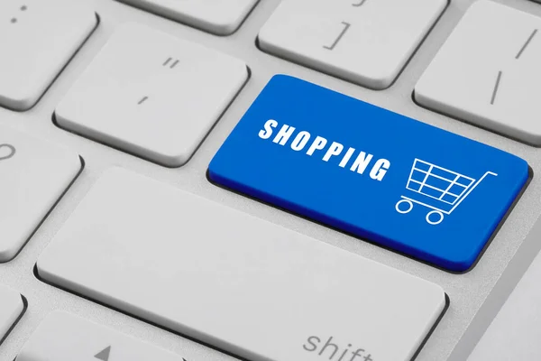Acquisto Negozio Online Pulsante Blu Con Parola Shopping Carrello Laptop — Foto Stock