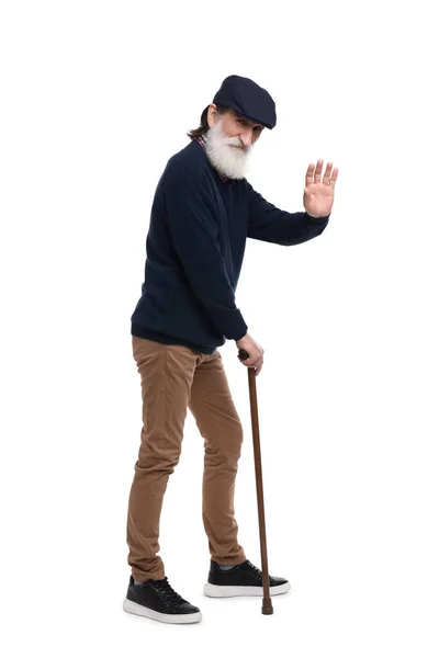 Starší Muž Chodící Hůl Mávání Bílém Pozadí — Stock fotografie