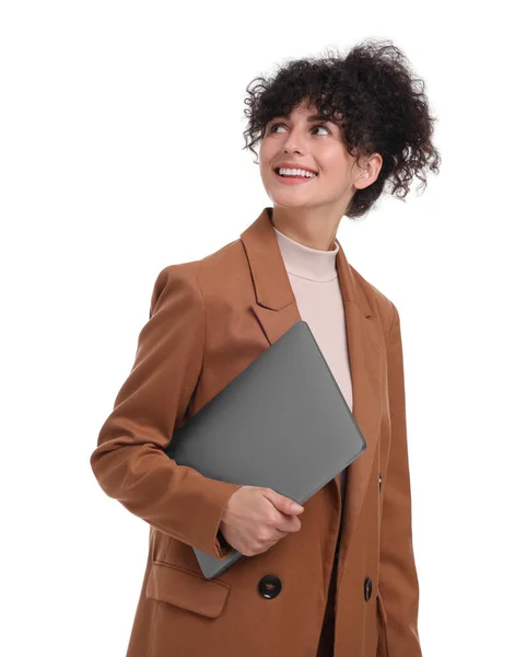 白い背景にラップトップを持つ美しい幸せなビジネス女性 — ストック写真