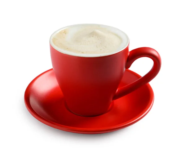 Copo Vermelho Com Cappuccino Aromático Isolado Branco — Fotografia de Stock