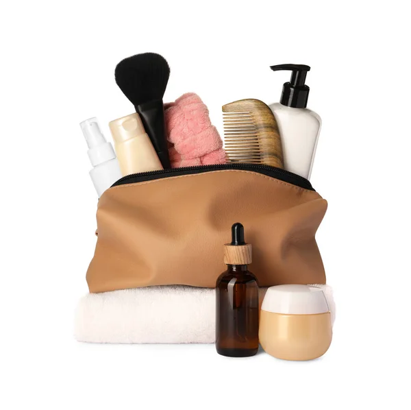 stock image Preparation for spa. Compact toiletry bag and different cosmetic products isolated on white