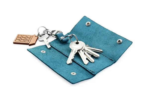 Stylish Leather Holder Keys Isolated White — Stock Photo, Image