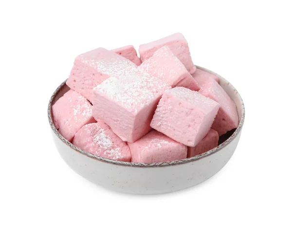 Bowl Delicious Sweet Marshmallows Powdered Sugar Isolated White — Stock Photo, Image
