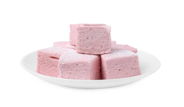 Plaat Van Heerlijke Zoete Marshmallows Met Poedersuiker Geïsoleerd Wit — Stockfoto