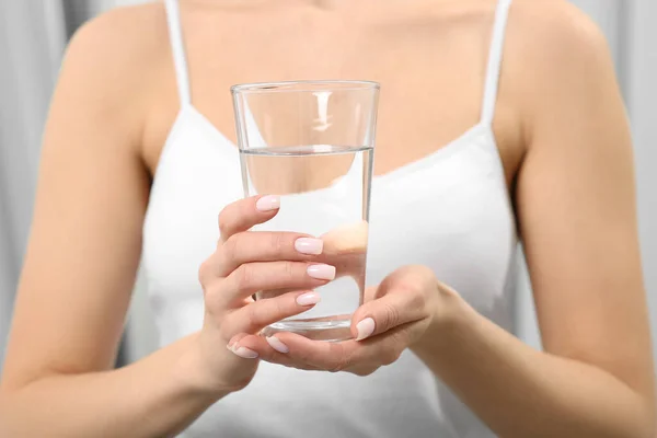 Healthy Habit Closeup Woman Holding Glass Fresh Water Indoors — Stock Photo, Image