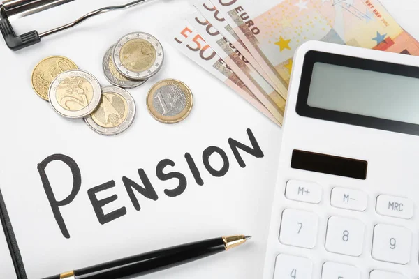 Calculator Money Clipboard Paper Sheet Pen Top View Pension Concept — Stock Photo, Image