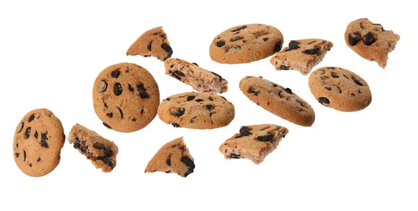 Delicious Chocolate Chip Cookies Falling White Background — Stock Photo, Image