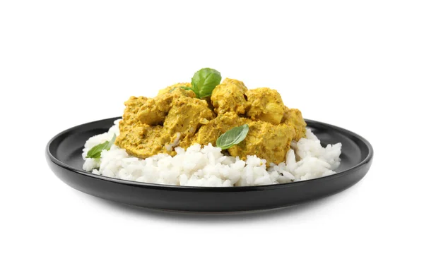 Pyszny Ryż Kurczak Sosem Curry Izolowane Białym — Zdjęcie stockowe