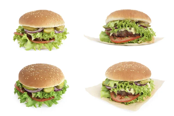 Colagem Com Deliciosos Hambúrgueres Fundo Branco — Fotografia de Stock