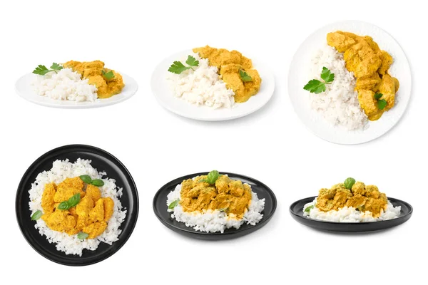 Pyszne Curry Kurczaka Ryżem Białym Tle Różne Widoki Projekt Kolażu — Zdjęcie stockowe
