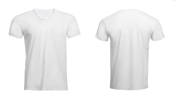 Stilvolles Basic Shirt Auf Weißem Hintergrund Vorder Und Rückansicht Raum — Stockfoto