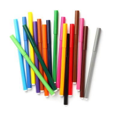 Many bright markers isolated on white, top view