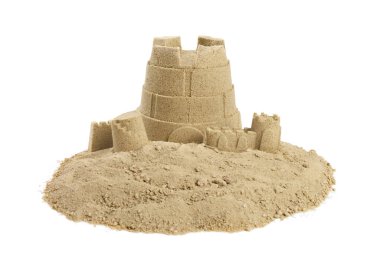 Pile of sand with beautiful castle isolated on white clipart