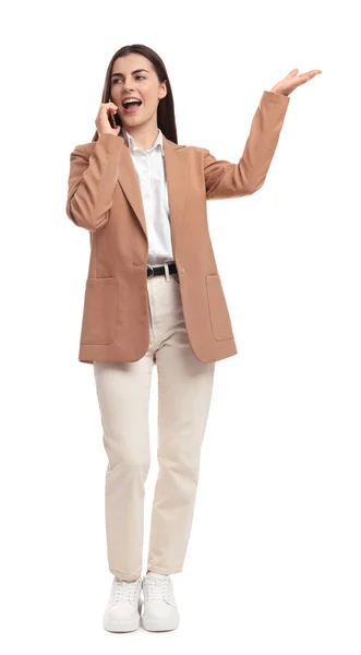 Beautiful Emotional Businesswoman Talking Smartphone White Background — Stock Photo, Image