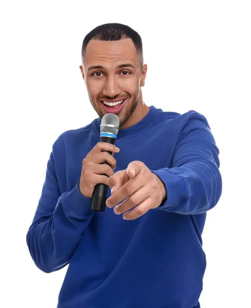 Handsome Man Microphone Singing White Background — Stock Photo, Image