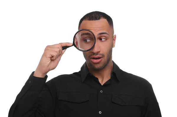 Surprised Man Looking Magnifier Glass White Background — Stock Photo, Image