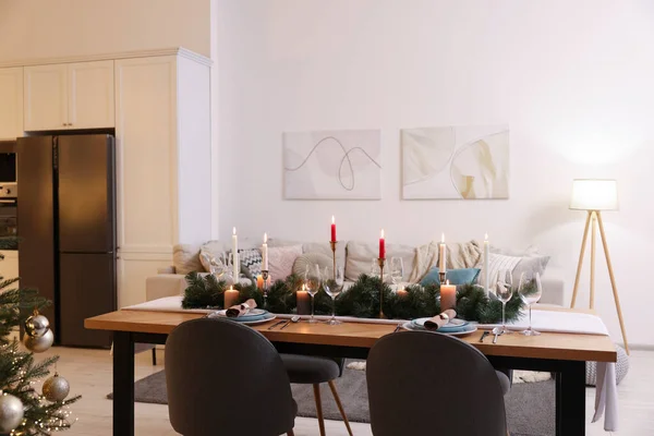 Accogliente Cucina Spaziosa Decorata Natale Interior Design — Foto Stock