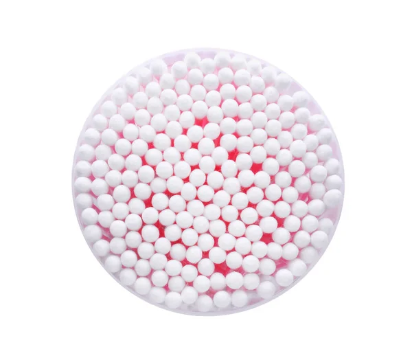 Cotton Buds Plastic Container Isolated White Top View — Stock Photo, Image