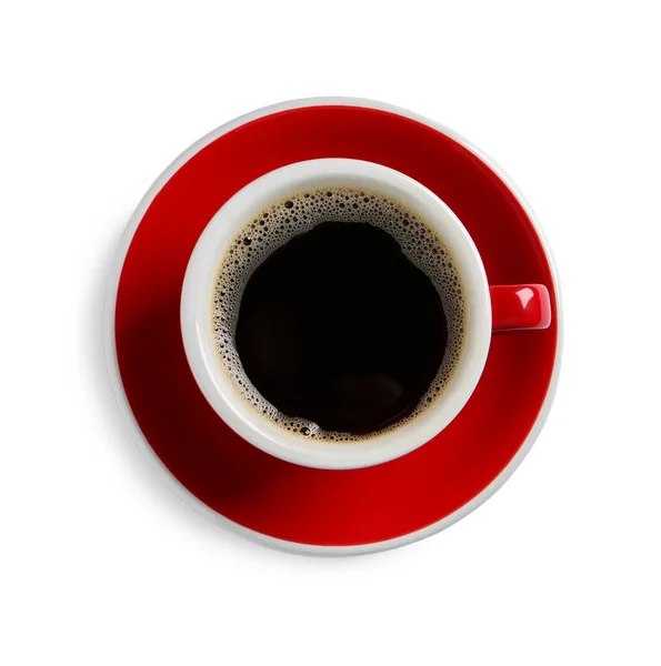 白で隔離された香り高いコーヒーと赤カップ トップビュー — ストック写真