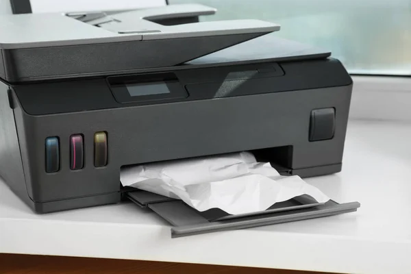 Modern Printer Crumpled Sheet Paper Window Sill Indoors — Stock Photo, Image