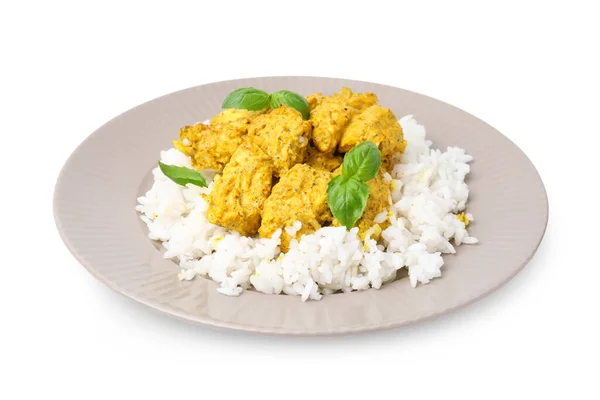 Köstlicher Reis Und Huhn Mit Currysoße Isoliert Auf Weiß — Stockfoto