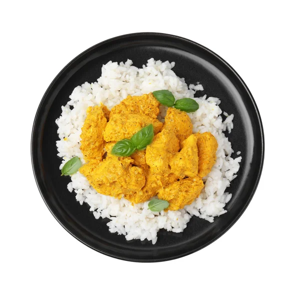 美味的米饭和鸡肉与咖喱酱隔离在白色的顶部视图 — 图库照片