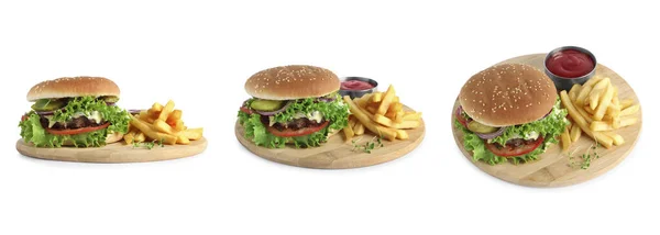白い背景においしいハンバーガーとフランスのフライドポテトとコラージュ — ストック写真
