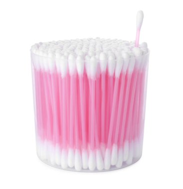 Cotton buds in plastic container isolated on white