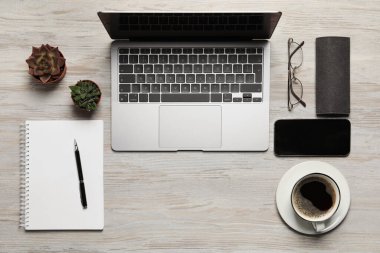 Modern dizüstü bilgisayar, ev bitkileri, defter, bir fincan kahve ve bardaklar ahşap masada, düz yatak. Metin için boşluk