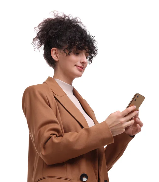 Mulher Negócios Bonita Usando Smartphone Fundo Branco — Fotografia de Stock