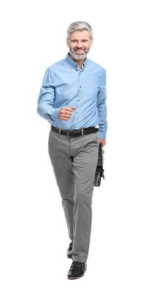 Ältere Geschäftsmann Stilvoller Kleidung Mit Aktentasche Fuß Auf Weißem Hintergrund — Stockfoto