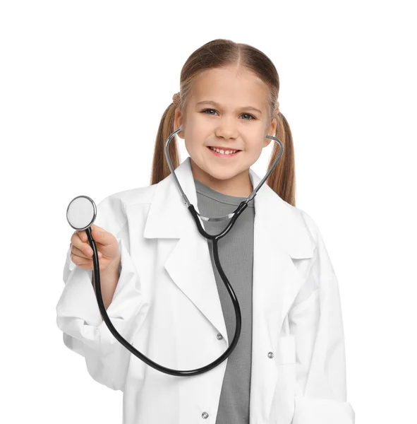 Little Girl Medical Uniform Stethoscope White Background — Stock fotografie