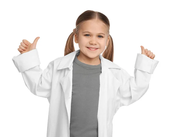 Little Girl Medical Uniform Showing Thumbs White Background — стоковое фото