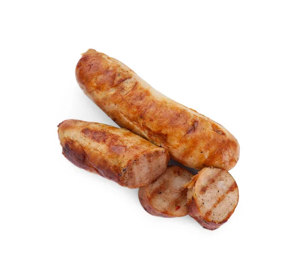 Tasty Fresh Grilled Sausages Isolated White Top View — Stock Photo, Image
