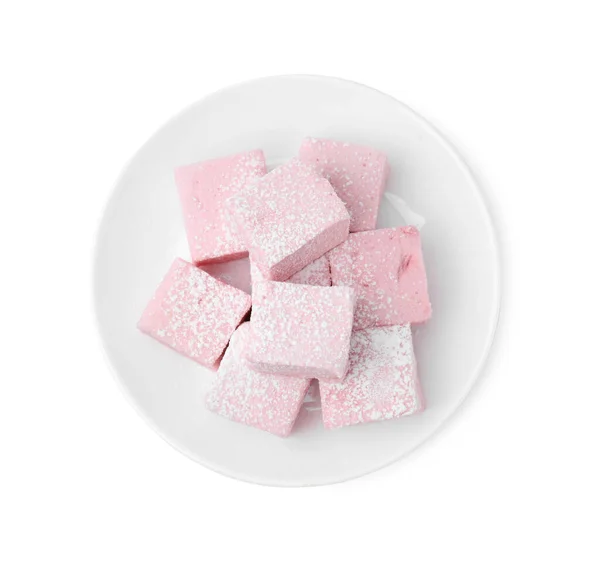 Plaat Van Heerlijke Zoete Marshmallows Met Poedersuiker Geïsoleerd Wit Bovenaanzicht — Stockfoto