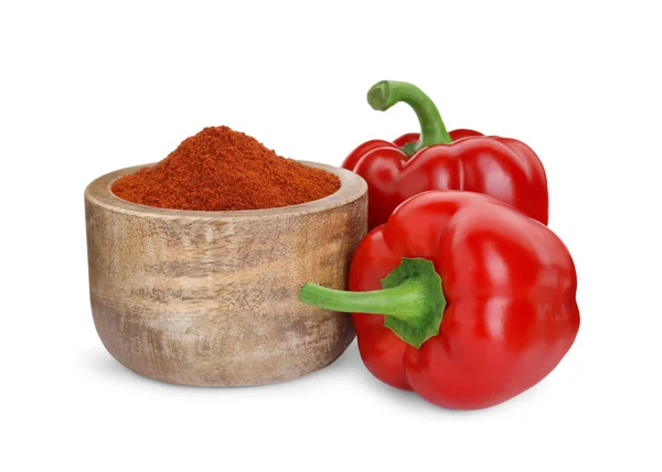 Bowl Aromatic Paprika Powder Fresh Bell Peppers Isolated White — Stock Photo, Image