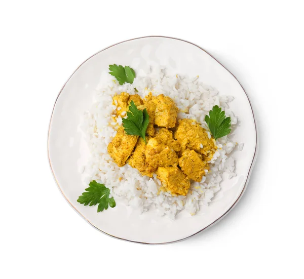 Finom Rizs Csirke Curry Szósszal Elszigetelt Fehér Felső Nézet — Stock Fotó