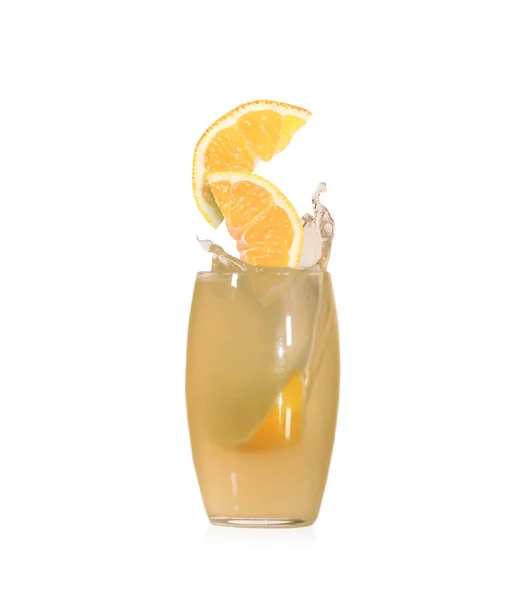 Splashing Freshly Made Lemon Juice White Background Slices Citrus Fruit — Stock Photo, Image