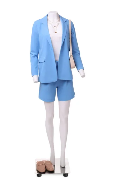 Weibliche Schaufensterpuppe Hellblauem Anzug Und Top Mit Accessoires Isoliert Auf — Stockfoto