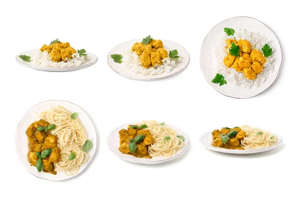 Zestaw Pysznych Potraw Curry Białym Tle Różne Widoki — Zdjęcie stockowe