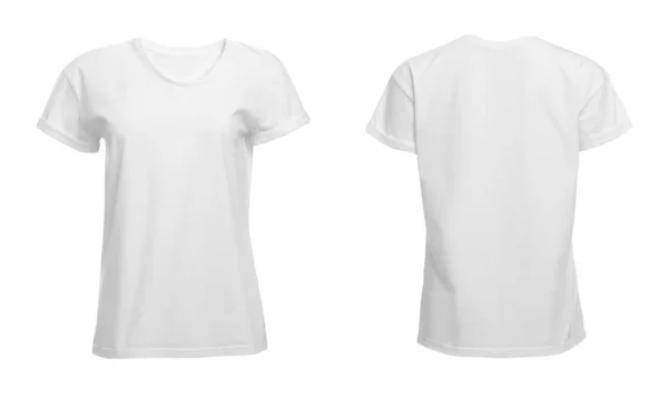 Stylowy Podstawowy Shirt Białym Tle Widok Przodu Tyłu Miejsce Projektowania — Zdjęcie stockowe