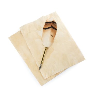 Beyaz arkaplanda parşömenler ve tüy kalem, üst görünüm