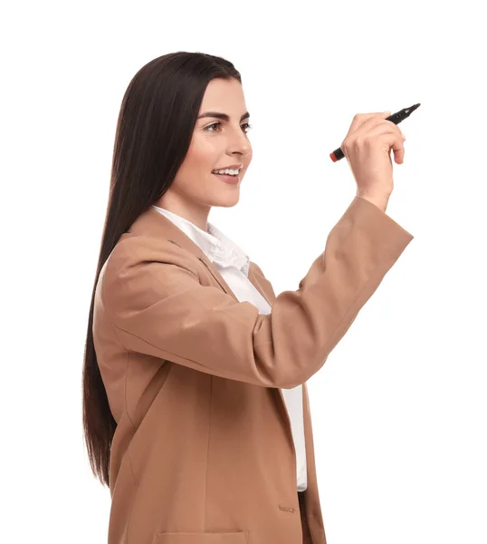 Schöne Geschäftsfrau Mit Filzstift Auf Weißem Hintergrund — Stockfoto